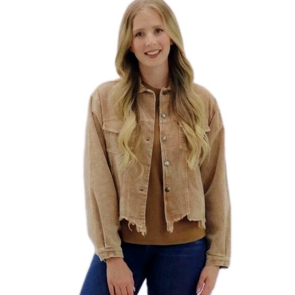 POL Jackets & Blazers - POL Khaki Corduroy Cropped Jacket/Shacket Size Small Grunge Boho Preppy Raw Hem